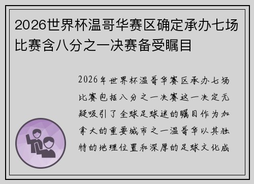 2026世界杯温哥华赛区确定承办七场比赛含八分之一决赛备受瞩目